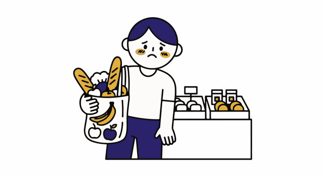 Cartoon person holding grocery bag with fresh food items.
