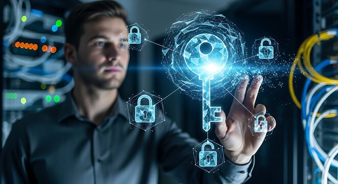 Universal access or Single Sign-On (SSO). An IT professional's hands use a holographic 'master key' to open several 'padlocks' simultaneously, representing SSO.