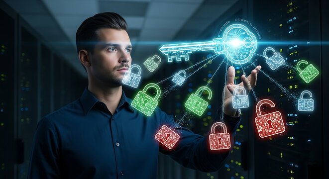 Universal access or Single Sign-On (SSO). An IT professional's hands use a holographic 'master key' to open several 'padlocks' simultaneously, representing SSO.