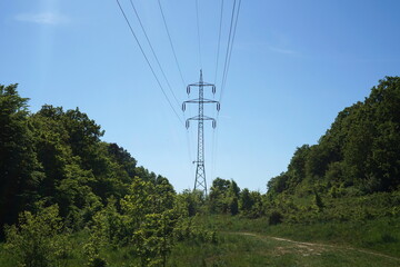 Obraz premium Scenic Landscape View of High Voltage Electricity Pylon in Green Spring Forest, Power Line Transmission Tower with Dirt Trail, Energy Distribution Industry Infrastructure Concept Photo