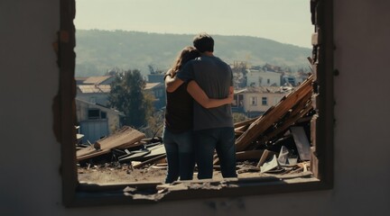 Fototapeta premium Couple hugs in destroyed homes, gazing at disaster aftermath. Showing emotional support, resilience, hope for recovery after tragedy. People stand together, offering comfort, solidarity. Survivors