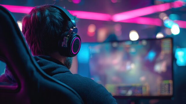 pro gamer man in headphones live streaming while playing online computer game, neon lights, esports,  gaming, monitor, play, young, player, internet, enjoyment, cyber,