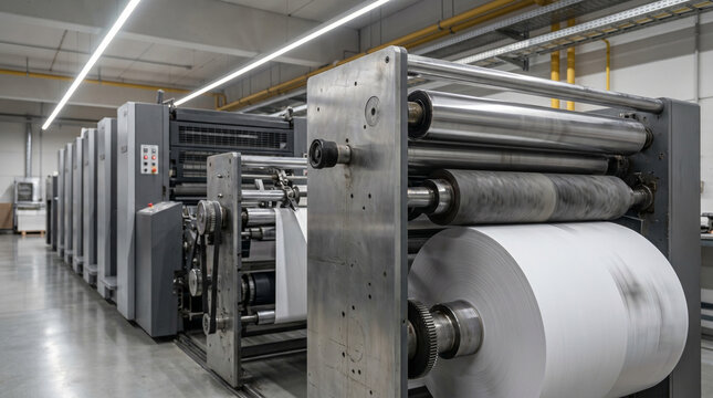 Modern printing machine in industrial facility, large scale production for commercial paper goods with advanced technology and automated processes, intricate machinery details visible and clear.