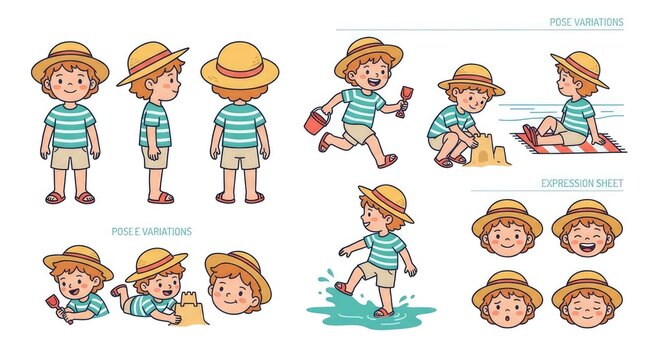 Happy Cartoon Boy Enjoying Summer Beach Activities with Sand and Sun.