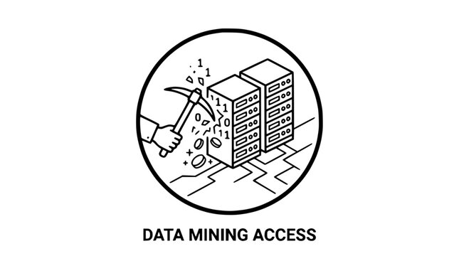Data Mining Access: Server Racks, Pickaxe, Binary Code, Cryptocurrency Concept