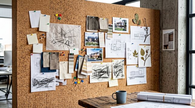 interior design elements, a natural cork wall showcases a minimalist pinboard without text or logos