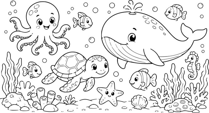 Charming cartoon sea creatures swim happily in an underwater world, a whimsical black and white line art illustration ideal for children's coloring pages
