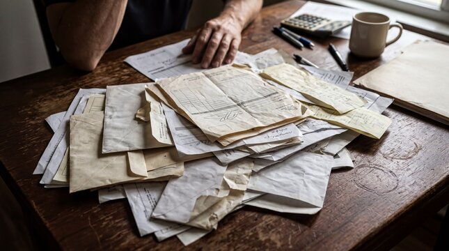 financial stress, a cluttered desk covered in distressed debt papers and financial documents
