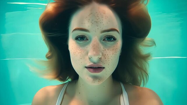 A beauty portrait of a fashion woman with a natural complexion and visible freckles is captured underwater