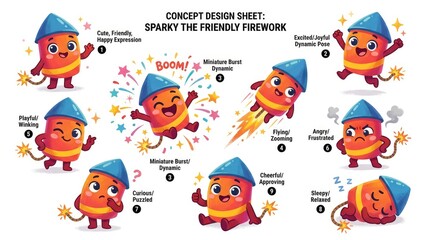 Obraz premium Sparky the Friendly Firework Concept Design Sheet with Various Expressions.