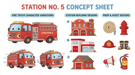 Fototapeta premium Station No. 5 Concept Sheet - Fire Truck Variations and Building Designs.