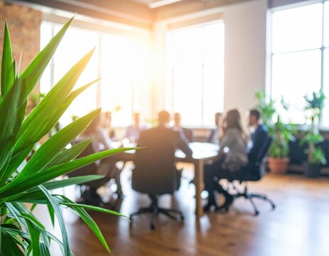 Indoor meeting room with green plant, blurred business people around table, bright windows, office teamwork, corporate collaboration