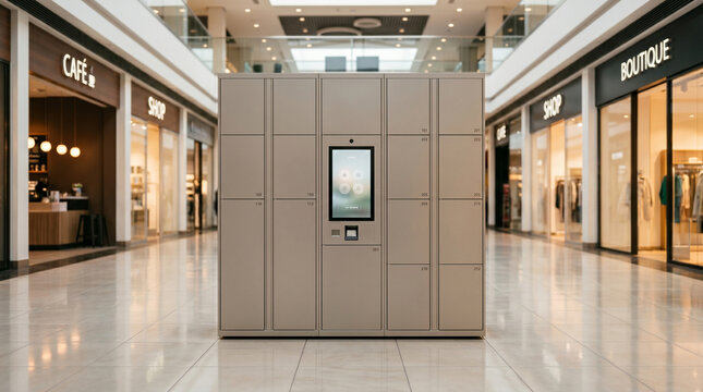 Automated parcel lockers with touch screen in shopping mall, offering convenient package pickup and delivery, modern retail technology.