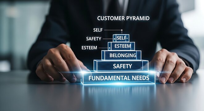 Customer needs hierarchy. A business strategist's hands build a 'pyramid of needs' for customers with holographic blocks, placing the foundation first.