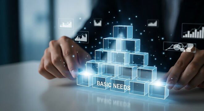 Customer needs hierarchy. A business strategist's hands build a 'pyramid of needs' for customers with holographic blocks, placing the foundation first.