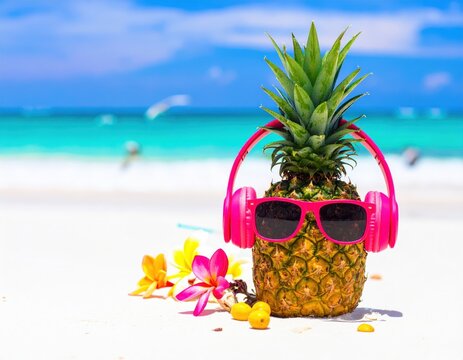 Pineapple with pink headphones and sunglasses on tropical beach, flowers and sand, summer vacation, travel promo