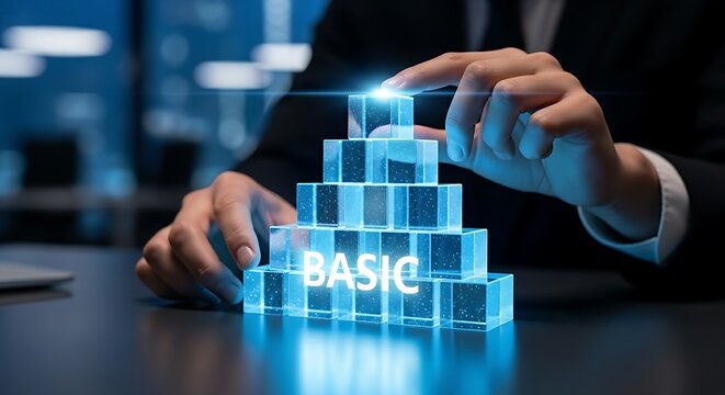 Customer needs hierarchy. A business strategist's hands build a 'pyramid of needs' for customers with holographic blocks, placing the foundation first.