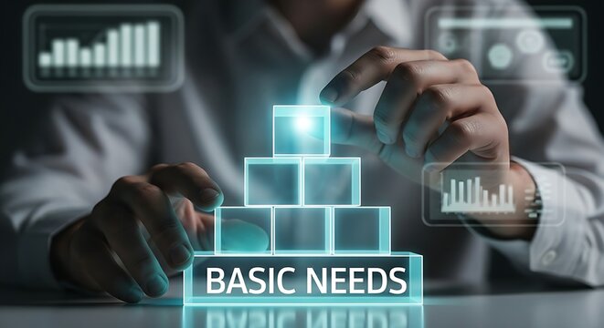 Customer needs hierarchy. A business strategist's hands build a 'pyramid of needs' for customers with holographic blocks, placing the foundation first.
