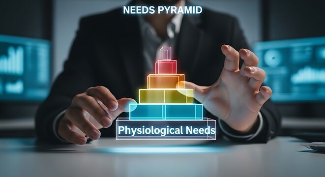 Customer needs hierarchy. A business strategist's hands build a 'pyramid of needs' for customers with holographic blocks, placing the foundation first.