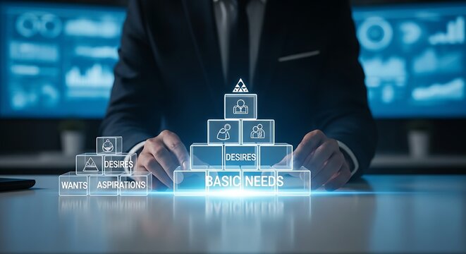 Customer needs hierarchy. A business strategist's hands build a 'pyramid of needs' for customers with holographic blocks, placing the foundation first.