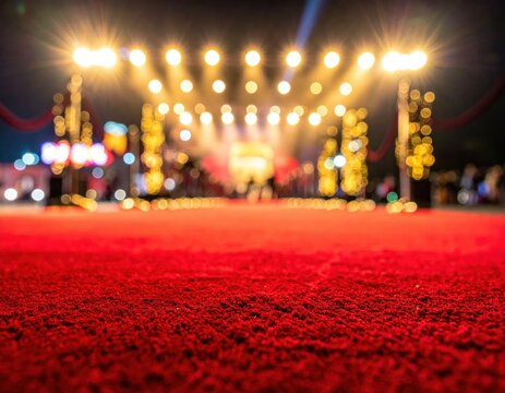 Red carpet event stage with bright spotlights and blurred lights, award ceremony venue, gala entrance, entertainment promotion