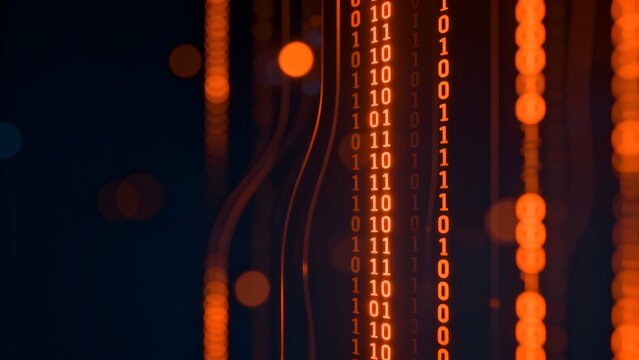 Binary code data stream with glowing lines