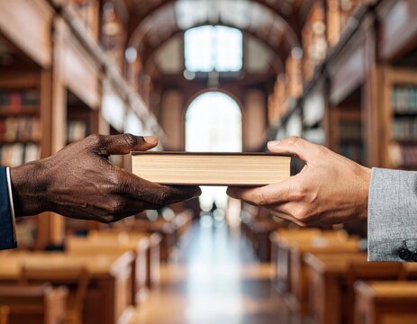 Hands passing book in library aisle, black and white skin, wooden shelves, academic exchange, education, diversity, teamwork