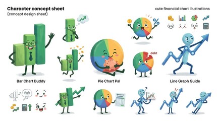 Fototapeta premium Whimsical Character Concept Sheet - Adorable Illustrations for Business and Data Visualization.