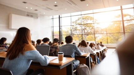 Fototapeta premium University students attending lecture in modern classroom with laptops and coffee cups. Higher education, academic learning, campus life and studying concept