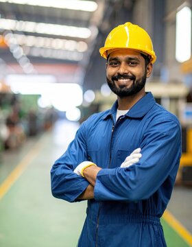 Smiling factory worker in yellow hard hat and blue coveralls, crossed arms, industrial workshop, safety gear, manufacturing labor
