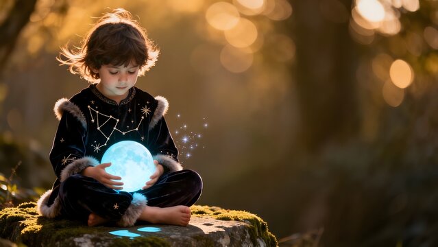 Child holding glowing moon in forest