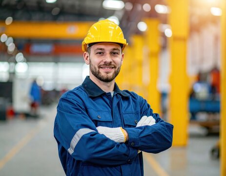 Factory worker in yellow hard hat and blue coveralls, arms crossed in industrial workshop, safety uniform, manufacturing job