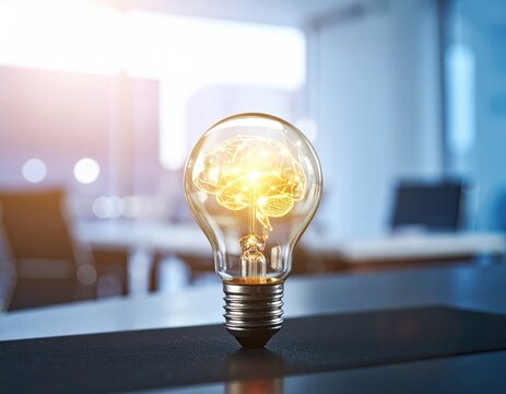 Glowing light bulb with brain filament on office desk, blurred workspace, innovation, creativity, business idea concept