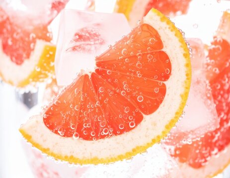 Grapefruit slice in sparkling water, citrus bubbles, refreshing drink, summer beverage, spa and wellness concept