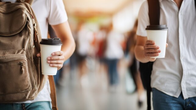 College students walking through campus corridor with takeaway coffee cups and backpacks. Modern university lifestyle, casual education routine, study break and student community concept