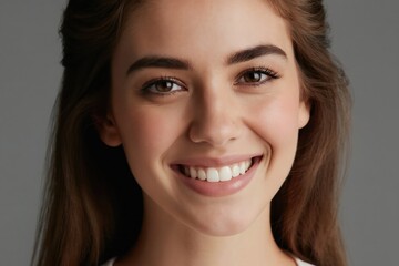 Fototapeta premium Young woman with brown hair, natural makeup, and brown eyes smiles showing white teeth. She looks happy and friendly, with clear skin and healthy glow. Her gaze is direct and engaging.