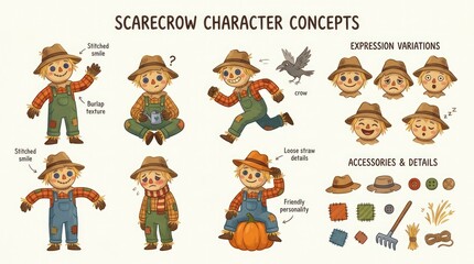 Fototapeta premium Whimsical Scarecrow Character Concepts with Expression Variations and Accessories.