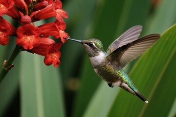 Fototapeta premium Small hummingbird with green feathers flies near bright red tubular flowers. Bird drinks nectar from blossom in garden. Tiny wild creature hovers near plant.