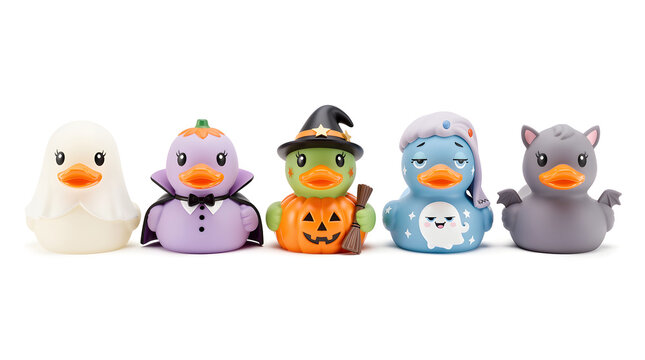 Halloween Rubber Ducks: A playful collection of five festive rubber ducks, dressed in whimsical Halloween costumes, ready for a night of spooky fun and bath time adventures.