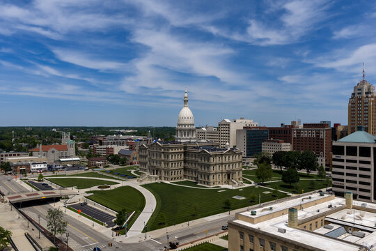 Michigan State Capitol Lansing Aerial View of Historic Dome and Michigan Government Landmark