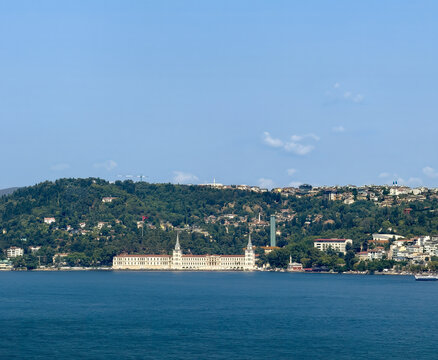 Istanbul, Turkey - July 20, 2024: City views. Magnificent Kuleli Military High School (Kuleli Askeri Lisesi), one of the most recognizable waterfront buildings on the Bosphorus, Asian side