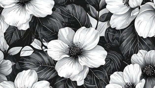monochromatic floral pattern with detailed white flowers and dark leaves, repeating design for wallpaper or fabric