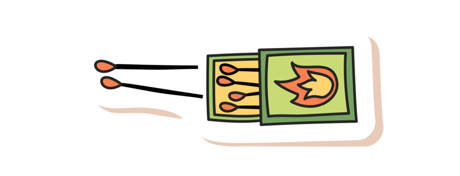 Matchbox patch icon in doodle color style. Camping item with fire for camp adventure and equipment theme. Campfire element as graphic patch, color accent for camping and outdoor art.