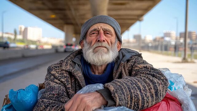 An elderly homeless man with a white beard sits under an overpass, looking weary and thoughtful.
