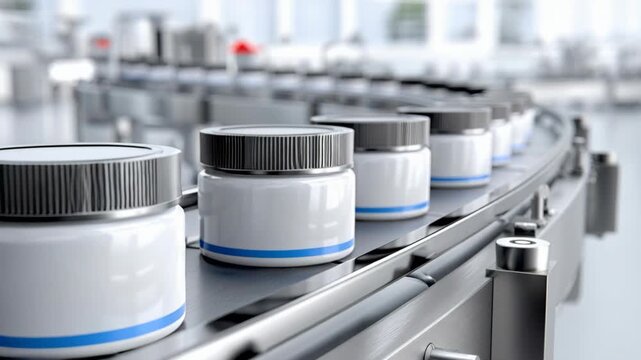 White cosmetic jars moving along an industrial conveyor belt in a sterile manufacturing facility.