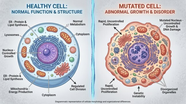 This shows a healthy cell alongside a mutated cell, highlighting differences in their structures and functions.