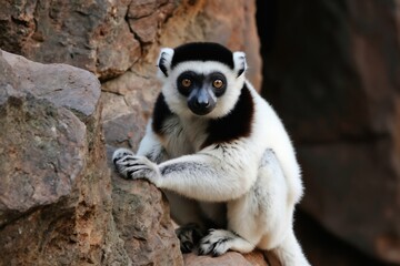 Obraz premium Black and white sifaka lemur sits on rough rock surface. This primate has dark eyes, black face markings and fluffy white fur. Animal looks directly at camera.