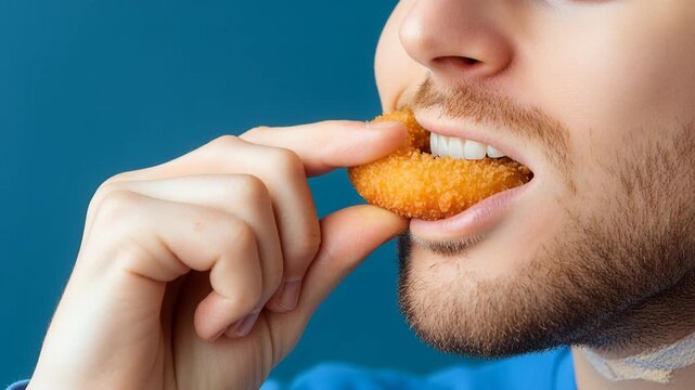 A close-up of a bearded man with an open mouth preparing to eat a crispy golden fried onion ring.