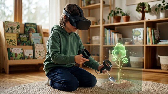 virtual learning experience, a child wearing a vr headset joyfully plants a digital tree indoors