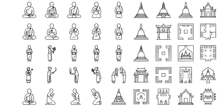Minimal Buddhist people drawings set with monks and worshippers in prayer, offering and daily activities, clean outline symbols for architectural plans and cultural layouts
